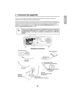 Page 4545
Français
3 Connexion des appareils
Assurez-vous que le câble d’alimentation, le câble d’ordinateur VGA et les autres pièces sont près de 
l’emplacement d’installation du support de montage au mur.
Assurez-vous que vous possédez tous les câbles nécessaires pour tous les appareils que vous envisagez de 
connecter au projecteur, tels qu’une caméra de documents ou un microphone. Cela inclut les câbles pour tout 
appareil optionnel qui pourrait être branché ultérieurement. Pour plus de détails, consultez...