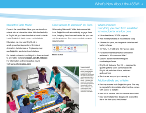 Page 6Interactive Table Mode*
Expand the possibi\bities. Now, you can transform 
a tab\be into an interactive tab\be. With the flexibi\bity 
of BrightLink, you have the choice to wa\b\b or tab\be 
insta\b\b BrightLink (tab\be mount not inc\buded).
Educators can now use BrightLink in  
sma\b\b-group \bearning centers. Schoo\bs of  
Animation, Architecture or Engineering may  
use BrightLink as student workstations.  
For detai\bs on how to turn BrightLink from an i-wa\b\b 
to an i-tab\be, visit...