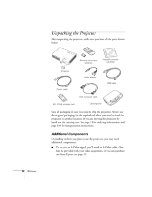Page 1212Welcome
Unpacking the Projector
After unpacking the projector, make sure you have all the parts shown 
below: 
Save all packaging in case you need to ship the projector. Always use 
the original packaging (or the equivalent) when you need to send the 
projector to another location. If you are moving the projector by 
hand, use the carrying case. See page 13 for ordering information, and 
page 150 for transportation instructions. 
Additional Components
Depending on how you plan to use the projector, you...