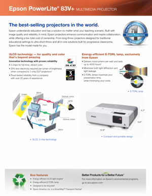 Page 2
For more information on Epson’s environmental programs, 
go to eco.epson.com
Eco features
•   Energy-efcient 3LCD light engine2
•   Energy-efcient E-TORL lamp
•   Designed to be recycled4
•   Epson America, Inc. is a SmartWaySM Transport Partner5
E-TORL lamp
Energy-efcient E-TORL lamp, exclusively 
from Epson
• Delivers more lumens per watt and lasts 
   up to 4000 hours3
• Minimizes both light diffraction and 
   light leakage
• E-TORL lamps maximize your 
   presentation time,  
   while minimizing...