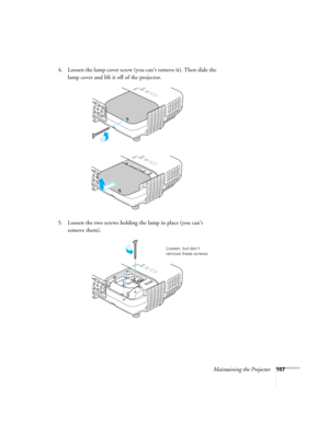 Page 107
Maintaining the Projector107
4. Loosen the lamp cover screw (you can’t remove it). Then slide the lamp cover and lift it off of the projector. 
5. Loosen the two screws holding the lamp in place (you can’t  remove them).
Loosen, but don’t 
remove these screws 