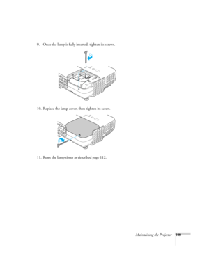 Page 109
Maintaining the Projector109
9. Once the lamp is fully inserted, tighten its screws. 
10. Replace the lamp cover, then tighten its screw. 
11. Reset the lamp timer as described page 112.  