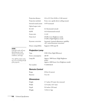 Page 136
136Technical SpecificationsProjection distance 2.8 to 45.5
 feet (0.88 to 13.86 meters)
Projection methods Front, rear , upside-down (ceiling mount)
Internal sound system 10 W monaural
Optical aspect ratio
85, 825 4:3 (horizontal:vertical)
826W 16:10 (horizontal:vertical)
Zoom ratio 1:1.62
Noise level 28 dB in Low Brightness mode,  35 dB in High Brightness mode
Keystone correction Automatic (m anual adjustment capability 
±30° vertical keystone correction)
Mouse compatibility Supports USB (type B)...