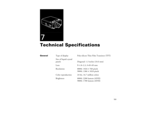 Page 161151
7Technical Specifications General
Type of display Poly-silicon Thin Film Transistor (TFT)
Size of liquid crystal
panels    Diagonal: 1.3 inches (33.6 mm) 
Lens F=1.8–2.3, f=49–69 mm
Resolution 8000i: 1024 ´ 768 pixels
9000i: 1366 ´ 1024 pixels
Color reproduction 24 bit, 16.7 million colors
Brightness 8000i: 2200 lumens (ANSI)
9000i: 1700 lumens (ANSI)
80009000.book  Page 151  Monday, November 1, 1999  9:35 AM 