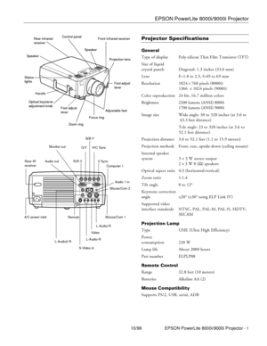 Page 1EPSON PowerLite 8000i/9000i Projector
10/99 EPSON PowerLite 8000i/9000i Projector - 1
Projector Specifications 
General
Type of display Poly-silicon Thin Film Transistor (TFT)
Size of liquid
crystal panels    Diagonal: 1.3 inches (33.6 mm) 
Lens F=1.8 to 2.3, f=49 to 69 mm
Resolution 1024
 ´ 768 pixels (8000i)
1366  
´ 1024 pixels (9000i)
Color reproduction 24 bit, 16.7 million colors
Brightness 2200 lumens (ANSI) 8000i
1700 lumens (ANSI) 9000i
Image size Wide angle: 30 to 320 inches (at 3.6 to
 43.3...