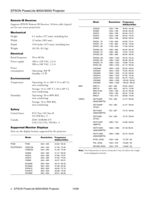 Page 2EPSON PowerLite 8000i/9000i Projector
2 - EPSON PowerLite 8000i/9000i Projector 10/99 Remote IR Receiver
Supports EPSON Remote IR Receiver, 10-foot cable (typical 
use for rear screen projection)
Mechanical
Height 6.1 inches (157 mm), including feet
Width 12 inches (305 mm)
Depth 19.8 inches (475 mm), including lens
Weight 18.3 lb. (8.3 kg)
Electrical
Rated frequency 50 to 60 Hz
Power supply 100 to 120 VAC, 2.4 A
200 to 240 VAC, 1.2 A
Power 
consumption Operating: 360 W
Standby: 12 W
Environmental...