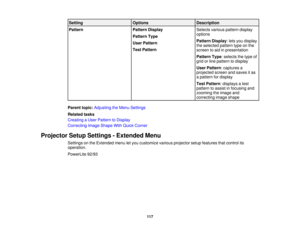 Page 117

Setting
 Options
 Description

Pattern
 Pattern
Display
 Selects
variouspatterndisplay
 options

Pattern
Type
 Pattern
Display:lets you display
 User
Pattern
 the
selected patterntypeonthe
 Test
Pattern
 screen
toaid inpresentation
 Pattern
Type:selects thetype of
 grid
orline pattern todisplay
 User
Pattern :captures a
 projected
screenandsaves itas
 a
pattern fordisplay
 Test
Pattern :displays atest
 pattern
toassist infocusing and
 zooming
theimage and
 correcting
imageshape
 Parent
topic:Adjusting...