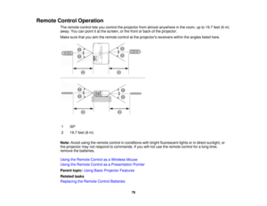 Page 76

Remote
ControlOperation
 The
remote controlletsyou control theprojector fromalmost anywhere inthe room, upto19.7 feet(6m)
 away.
Youcanpoint itat the screen, orthe front orback ofthe projector.
 Make
surethatyouaimtheremote controlatthe projectors receiverswithintheangles listedhere.
 1
 30
º
 2
 19.7
feet(6m)
 Note:
Avoidusingtheremote controlinconditions withbright fluorescent lightsorindirect sunlight, or
 the
projector maynotrespond tocommands. Ifyou willnot use theremote controlforalong time,...