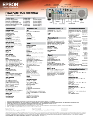 Page 4PowerLite® 905 and 915W
Multimedia Projectors
Epson America, Inc. 
3840 Kilroy Airport Way, Long Beach, CA 90806Epson Canada, Ltd. 
3771 Victoria Park Avenue, Toronto, Ontario M1W 3Z5 www.epson.com 
www.epson.ca
Specifications and terms are subject to change without notice.  Epson, EasyMP, E-TORL and Instant Off are registered trademarks, Epson Exceed Your Vision is a registered logomark and Better Products for 
a Better Future is a trademark of Seiko Epson Corporation. PowerLite and PrivateLine a\
re...