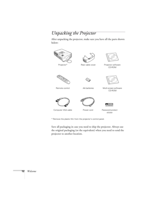 Page 1212Welcome
Unpacking the Projector
After unpacking the projector, make sure you have all the parts shown 
below: 
Save all packaging in case you need to ship the projector. Always use 
the original packaging (or the equivalent) when you need to send the 
projector to another location.
Projector* Rear cable cover Projector software 
CD-ROM
Remote control AA batteries
Power cord Computer VGA cable
* Remove the plastic film from the projector’s control panel.
Multi screen software 
CD-ROM
Password protect...
