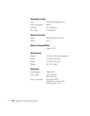 Page 124124Appendix B: Technical Specifications
Projection Lamp
Type UHE (Ultra High Efficiency)
Power consumption 200 W
Lamp life Up to 7000 hours
Part number V13H010L26
Remote Control
Range Approx. 30 feet (10 meters)
Battery AA × 2
Mouse Compatibility
Supports USB
Dimensions
Height 7.6 inches (194 mm) including feet
Width 13.9 inches (352 mm)
Depth 19.3 inches (491 mm)
Weight 24.7 lb (11.2 kg)
Electrical
Rated frequency 50/60 Hz AC
Power supply 100 to 120 VAC
200 to 240 VAC
Power consumption Operating: 340 W...