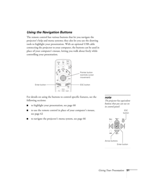Page 51Giving Your Presentation51
Using the Navigation Buttons
The remote control has various buttons that let you navigate the 
projector’s help and menu systems; they also let you use the drawing 
tools to highlight your presentation. With an optional USB cable 
connecting the projector to your computer, the buttons can be used in 
place of your computer’s mouse, letting you walk about freely while 
controlling your presentation. 
For details on using the buttons to control specific features, see the...