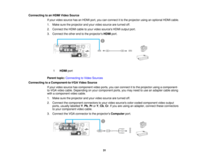 Page 31

Connecting
toan HDMI Video Source
 If
your video source hasanHDMI port,youcanconnect itto the projector usinganoptional HDMIcable.
 1.
Make suretheprojector andyour video source areturned off.
 2.
Connect theHDMI cabletoyour video sources HDMIoutput port.
 3.
Connect theother endtothe projectors HDMIport.
 1
 HDMI
port
 Parent
topic:Connecting toVideo Sources
 Connecting
toaComponent-to-VGA VideoSource
 If
your video source hascomponent videoports, youcanconnect itto the projector usingacomponent-...