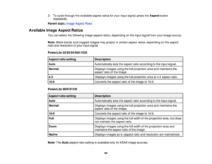 Page 84

3.
Tocycle through theavailable aspectratiosforyour input signal, presstheAspect button
 repeatedly.

Parent
topic:Image Aspect Ratio
 Available
ImageAspect Ratios
 You
canselect thefollowing imageaspect ratios,depending onthe input signal fromyourimage source.
 Note:
Blackbands andcropped imagesmayproject incertain aspectratios,depending onthe aspect
 ratio
andresolution ofyour input signal.
 PowerLite
92/93/95/905/1835
 Aspect
ratiosetting
 Description

Auto
 Automatically
setstheaspect...