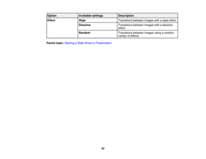 Page 92

Option
 Available
settings
 Description

Effect
 Wipe
 Transitions
betweenimageswithawipe effect
 Dissolve
 Transitions
betweenimageswithadissolve
 effect

Random
 Transitions
betweenimagesusingarandom
 variety
ofeffects
 Parent
topic:Starting aSlide Show orPresentation
 92 