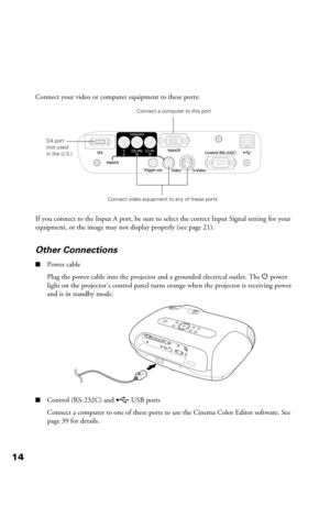 Page 1414
Connect your video or computer equipment to these ports:
If you connect to the Input A port, be sure to select the correct Input Signal setting for your 
equipment, or the image may not display properly (see page 21).
Other Connections
■Power cable
Plug the power cable into the projector and a grounded electrical outlet. The P power 
light on the projector’s control panel turns orange when the projector is receiving power 
and is in standby mode.
■Control (RS-232C) and  USB ports
Connect a computer to...