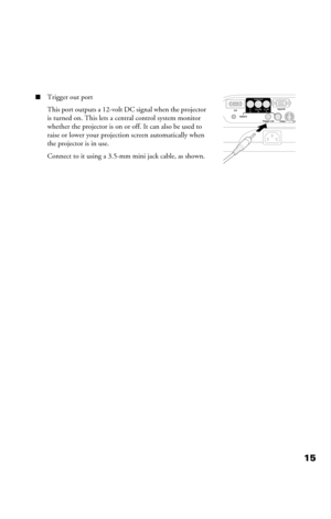 Page 1515
■Trigger out port
This port outputs a 12-volt DC signal when the projector 
is turned on. This lets a central control system monitor 
whether the projector is on or off. It can also be used to 
raise or lower your projection screen automatically when 
the projector is in use. 
Connect to it using a 3.5-mm mini jack cable, as shown. 