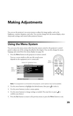 Page 2525
Making Adjustments
You can use the projector’s on-screen menus to adjust the image quality, such as the 
brightness, contrast, sharpness, and color. You can also change how the menus display, select 
sleep mode settings, and control other projector features. 
Using the Menu System
You can access the menu system either from the remote control or the projector’s control 
panel to adjust any of the settings described in this chapter. You can also change the menu 
language and control how the menus...