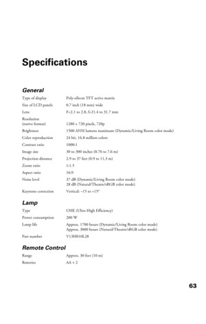 Page 6363
Specifications
General
Type of display Poly-silicon TFT active matrix
Size of LCD panels 0.7 inch (18 mm) wide
Lens F=2.1 to 2.8, f=21.4 to 31.7 mm
Resolution 
(native format) 1280 × 720 pixels, 720p
Brightness 1500 ANSI lumens maximum (Dynamic/Living Room color mode)
Color reproduction 24 bit, 16.8 million colors
Contrast ratio 1000:1
Image size 30 to 300 inches (0.76 to 7.6 m)
Projection distance 2.9 to 37 feet (0.9 to 11.3 m)
Zoom ratio 1:1.5
Aspect ratio 16:9
Noise level 37 dB (Dynamic/Living Room...