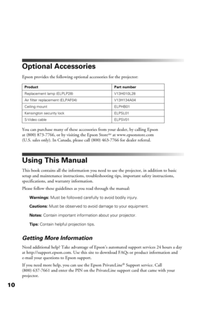 Page 1010
Optional Accessories
Epson provides the following optional accessories for the projector:
You can purchase many of these accessories from your dealer, by calling Epson 
at (800) 873-7766, or by visiting the Epson Store
SM at www.epsonstore.com 
(U.S. sales only). In Canada, please call (800) 463-7766 for dealer referral.
Using This Manual
This book contains all the information you need to use the projector, in addition to basic 
setup and maintenance instructions, troubleshooting tips, important...