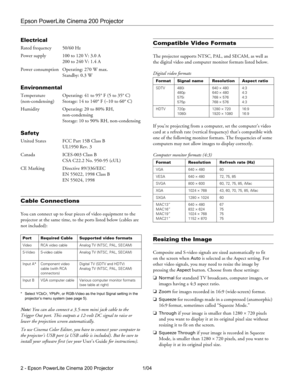 Page 2Epson PowerLite Cinema 200 Projector
2 - Epson PowerLite Cinema 200 Projector 1/04
Electrical
Rated frequency 50/60 Hz
Power supply 100 to 120 V: 3.0 A
200 to 240 V: 1.4 A
Power consumption Operating: 270 W max.
Standby: 0.3 W
Environmental
Temperature Operating: 41 to 95° F (5 to 35° C) 
(non-condensing) Storage: 14 to 140° F (–10 to 60° C)
Humidity Operating: 20 to 80% RH, 
non-condensing
Storage: 10 to 90% RH, non-condensing
Safety
United States FCC Part 15B Class B
UL1950 Rev. 3
Canada ICES-003 Class...