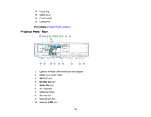 Page 16

12
 Focus
ring
 13
 Cable
cover
 14
 Control
panel
 15
 Lamp
cover
 Parent
topic:Projector PartsLocations
 Projector
Parts-Rear
 1
 Optional
wirelessLANmodule portandstopper
 2
 Cable
coverscrew holes
 3
 RS-232C
port
 4
 Monitor
Outport
 5
 Audio
Outport
 6
 A/C
input port
 7
 Cable
clipholes
 8
 Security
slot
 9
 Security
lockport
 10
 Network
(LAN )port
 16  