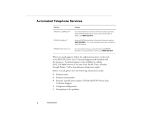 Page 18Introduction
  8
Automated Telephone Services
When you need support, follow the calling instructions on the back
of the EPSON Private Line Technical Support card included with 
the projector. Technical support is also available by calling 
(562) 276-4394 between 6 
AM
 and 6
PM
, Pacific Time, Monday 
through Friday. Toll or long distance charges may apply.
Before you call, please have the following information ready:
p
Product name
p
Product serial number
p
Personal identification number (PIN) for EPSON...