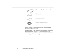 Page 261  •  Setting Up the Projector
 16
Mac mouse cable (for the Macintosh) 
PC serial cable 
Macintosh serial cable
Projector Software CD ROM
You will not need all these components; your configuration will 
determine which ones you need.
Save all packaging in case you need to ship the projector in the future. 
Always transport the projector in its original packaging (or the 
equivalent), or use a carrying case if you are carrying the projector by 
hand. (See page 141 for transporting instructions.)...