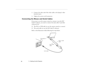 Page 401  •  Setting Up the Projector
 30
2. Connect the other end of the video cable to the laptop’s video 
(monitor) port.
3. Tighten the screws on all connectors.
Connecting the Mouse and Serial Cables
If you want to use the remote control as a mouse or use the ELP 
Link IV software, you need to connect the main cable. It provides 
connectors for:p
The PS/2 or USB cable (to use the remote control as a mouse)
p
The serial cable (to use the ELP Link IV software)
Refer to this illustration while following the...