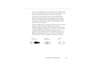 Page 63Connecting to a Video Source
53
You can connect the projector to an S-Video source, a composite video 
source, and a component video source at the same time. However, the 
projector automatically selects the S-Video as the video source. 
The projector supports HDTV, NTSC, PAL, and SECAM video 
formats, and automatically detects and identifies the video format. 
However, you can specify that a single broadcast format be detected. 
(See Chapter 3.) Note that the projector will then be able to detect 
only...