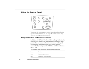 Page 882  •  Using the Projector
            78
Using the Control Panel 
You can use the control panel to control the projector instead of the 
remote control. However, you can access the custom features only 
when you are using the remote control.
Image Calibration for Projector Software
Included on the ELP Link IV software CD is the Image Calibration for 
Projector (ICP) software. This program displays a full-screen image 
pattern which can be used to fine-tune control panel tracking and 
synchronization...