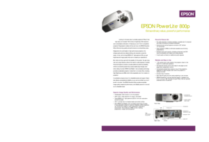 Page 1Looking for the best value in portable projectors? What if that
high-value unit included 1500 lumens of brightness, XGA resolution,
and a remarkable combination of features you won’t find in competitive
projectors? Engineered to deliver all that and more, the EPSON PowerLite
800p offers stunning quality and performance at an extraordinary value.
Designed by the world leader in high performance projectors, this
whisper-quiet performer delivers striking color saturation across the
screen. In fact, with its...