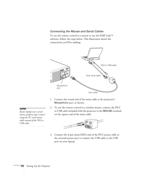 Page 2822Setting Up the Projector
Connecting the Mouse and Serial Cables
To use the remote control as a mouse or use the EMP Link V 
software, follow the steps below. This illustration shows the 
connections you’ll be making:
1. Connect the round end of the main cable to the projector’s 
Mouse/Com port, as shown. 
2. To use the remote control as a wireless mouse, connect the PS/2 
or USB cable included with the projector to the 
MOUSE terminal 
on the square end of the main cable. 
3. Connect the 6-pin...