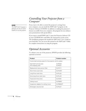 Page 104Welcome
Controlling Your Projector from a 
Computer
If you want to be able to control the projector’s settings from 
your computer, you can install the EMP Link V program on the 
Projector Software CD-ROM. In addition to making the projector’s 
features accessible from your computer, this program lets you enhance 
your presentations with special effects. 
If you want to install EMP Link V, insert the Projector Software CD 
in your CD-ROM drive and follow the instructions on the screen. 
The installation...