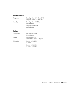 Page 111Appendix C: Technical Specifications105
Environmental
Temperature Operating: 41 to 95 °F (5 to 35 °C)
Storage: 14 to 140 °F (-10 to 60 °C)
Humidity Operating: 20 to 80% RH,
non-condensing
Storage: 10 to 90% RH,
non-condensing
Safety
United States FCC Part 15J Class B
UL1950 Rev. 3
Canada DOC SOR/88-475
CSA C22.2 No. 950 Rev. 3 (cUL)
CE Marking Directive 73/23/EEC
EN 60950
Directive 89/336/EEC
EN 55022, EN 55024 