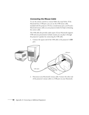 Page 9690Appendix A: Connecting to Additional Equipment
Connecting the Mouse Cable
To use the remote control as a mouse follow the steps below. If the 
Macintosh has a USB port, you can use the USB mouse cable 
included with the projector. If it has a round mouse port, you’ll need a 
Macintosh mouse cable; see your projector dealer for help in obtaining 
the correct cable.
The USB cable also provides audio suport. If your Macintosh supports 
USB and your presentation includes sound, you can play it through 
the...