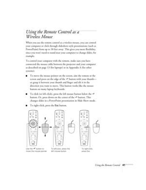 Page 47Using the Remote Control41
Using the Remote Control as a 
Wireless Mouse
When you use the remote control as a wireless mouse, you can control 
your computer or click through slideshow-style presentations (such as 
PowerPoint) from up to 30 feet away. This gives you more flexibility, 
since you won’t need to stand near your computer to change slides, for 
example. 
To control your computer with the remote, make sure you have 
connected the mouse cable between the projector and your computer 
as described...