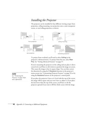 Page 8882Appendix A: Connecting to Additional Equipment
Installing the Projector
The projector can be installed for four different viewing setups: front 
projection, ceiling mounting, rear projection onto a semi-transparent 
screen, or rear/ceiling projection, as shown: 
To project from overhead, you’ll need to select 
Ceiling in the 
projector’s Advanced menu. To project from the rear, select 
Rear 
Proj
. See “Setting Advanced Features” on page 57.
If you’re mounting the projector on the ceiling and you place...