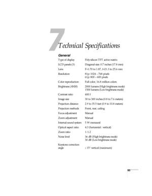 Page 9595
Technical Specifications
General
Type of display Poly-silicon TFT active matrix
LCD panels (3) Diagonal size: 0.7 inches (17.8 mm)
Lens F=1.70 to 1.87, f=21.3 to 25.6 mm
Resolution 81p: 1024 
× 768 pixels 
61p: 800 
× 600 pixels 
Color reproduction Full color, 16.8 million colors
Brightness (ANSI) 2000 lumens (High brightness mode)
1500 lumens (Low brightness mode)
Contrast ratio 400:1
Image size 30 to 300 inches (0.8 to 7.6 meters)
Projection distance 2.9 to 35.5 feet (0.9 to 10.8 meters)
Projection...