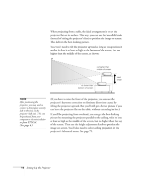Page 2014Setting Up the ProjectorWhen projecting from a table, the ideal arrangement is to set the 
projector flat on its surface. This way, you can use the lens shift knob 
(instead of raising the projector’s feet) to position the image on-screen. 
This delivers the best-looking picture.
You won’t need to tilt the projector upward as long as you position it 
so that its lens is at least as high as the bottom of the screen, but no 
higher than the middle of the screen, as shown:
(If you have to raise the front...
