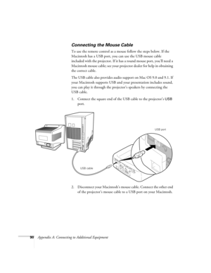 Page 9690Appendix A: Connecting to Additional Equipment
Connecting the Mouse Cable
To use the remote control as a mouse follow the steps below. If the 
Macintosh has a USB port, you can use the USB mouse cable 
included with the projector. If it has a round mouse port, you’ll need a 
Macintosh mouse cable; see your projector dealer for help in obtaining 
the correct cable.
The USB cable also provides audio support on Mac OS 9.0 and 9.1. If 
your Macintosh supports USB and your presentation includes sound, 
you...