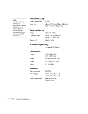 Page 9494Technical Specifications
Projection Lamp
Power consumption 200 W
Lamp life About 2000 hours (High brightness);
3000 hours (Low brightness)
Remote Control
Range 20 feet (6 meters)
Operating angle About ± 30° horizontally
About ± 15° vertically
Batteries (2) Alkaline AAA
Mouse Compatibility
Supports USB (Type B)
Dimensions
Height 4.13 to 4.8 inches 
(105 to 123 mm)
Width 13.78 inches (350 mm)
Depth 9.45 inches (272 mm)
Weight 8.9 lb (4.0 kg) 
Electrical 
Rated frequency 50/60 Hz
Power supply 100 to 120...