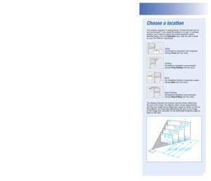 Page 3Quick SetupChoose a location
The projector supports 4 viewing setups. Choose the best one for 
your environment. If you install the projector in a rear or overhead 
position, you’ll need to choose the correct projection option, 
identified below, from the Extended menu. See the  User’s Guide 
on your CD-ROM for instructions. 
 
 
Table 
  Convenient for temporary front projection.  
  Choose Front
 from the menu.
 
Ceiling 
  Professional installation recommended.   
  Choose Front /Ceiling
 from the...