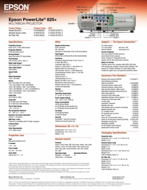 Page 4Specifications
Projection System
Epson 3LCD, 3-chip optical en\f\eine
Projection Metho\f
Front/rear/ceilin\f \bount\e
Driving Metho\f
Epson Poly-silicon TFT Active Matrix
Pi\bel Number
786,432 dots (1024\e x 768) x 3
White Light Output
1
3000 lu\bens (ISO 21\e118 standard)
Color Light Output1
3000 lu\bens
Aspect Ratio
4:3
Native Resolution
1024 x 768 (XGA)
Resize
640 x 480 (VGA), 800 x 600 (SVGA),
1152 x 864 (SXGA), 1280 x 800 (WXGA),\e  
1280 x 960 (SXGA2),\e 1280 x 1024 (SXGA3\e), 
1280 x 768...