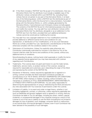 Page 190
190Notices
(d) If the Work includes a NOTICE text file as part of its distribution, then any Derivative Works that You distribute must include a readable copy of the 
attribution notices contained within such NOTICE file, excluding those 
notices that do not pertain to any part of the Derivative Works, in at least 
one of the following places: within a NOTICE text file distributed as part of 
the Derivative Works; within the Source form or documentation, if provided 
along with the Derivative Works; or,...
