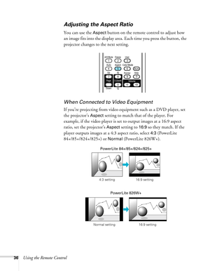 Page 36
36Using the Remote Control
Adjusting the Aspect Ratio
You can use the Aspect button on the remote control to adjust how 
an image fits into the display area. Each time you press the button, the 
projector changes to the next setting.
When Connected to Video Equipment
If you’re projecting from video equipment such as a DVD player, set 
the projector’s 
Aspect setting to match that of the player. For 
example, if the video player is set to output images at a 16:9 aspect 
ratio, set the projector’s 
Aspect...