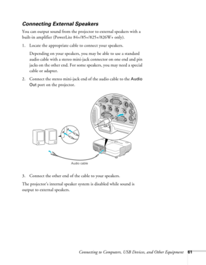 Page 61
Connecting to Computers, USB Devices, and Other Equipment61
Connecting External Speakers
You can output sound from the projector to external speakers with a 
built-in amplifier (PowerLite 84+/85+/825+/826W+ only).
1. Locate the appropriate cable to connect your speakers.Depending on your speakers, you may be able to use a standard 
audio cable with a stereo mini-jack connector on one end and pin 
jacks on the other end. For some speakers, you may need a special 
cable or adapter. 
2. Connect the stereo...