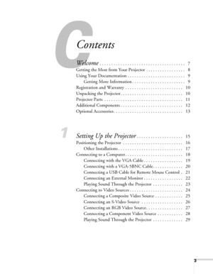 Page 3
3
Contents
Welcome . . . . . . . . . . . . . . . . . . . . . . . . . . . . . . . . . . . . .   7
Getting the Most from Your Projector . . . . . . . . . . . . . . . . .   8
Using Your Documentation . . . . . . . . . . . . . . . . . . . . . . . . .   9 Getting More Information . . . . . . . . . . . . . . . . . . . . . . .   9
Registration and Warranty . . . . . . . . . . . . . . . . . . . . . . . . .   10
Unpacking the Projector . . . . . . . . . . . . . . . . . . . . . . . . . . .   10
Projector Parts  ....