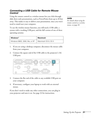 Page 21
Setting Up the Projector21
Connecting a USB Cable for Remote Mouse 
Control
Using the remote control as a wireless mouse lets you click through 
slide show-style presentations, such as PowerPoint, from up to 20 feet 
away. This makes it easy to deliver your presentation, since you won’t 
need to stand near your computer.
To use the wireless mouse function, you will need a USB cable, a 
system with a working USB port, and  the full version of one of these 
operating systems: 
1. If you are using a...