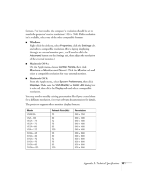 Page 121Appendix B: Technical Specifications121
formats. For best results, the computer’s resolution should be set to 
match the projector’s native resolution (1024 
× 768). If this resolution 
isn’t available, select one of the other compatible formats:
■Windows:
Right-click the desktop, select 
Properties, click the Settings tab, 
and select a compatible resolution. (For a laptop displaying 
through an external monitor port, you’ll need to click the 
Advanced button on the Settings tab, then adjust the...